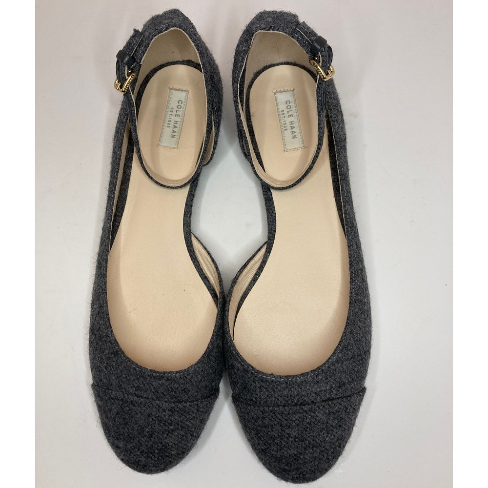 COLE HAAN‎ Womens 9B EU 40 Gray Felt Wool Flat Ankle Strap Leather Lined